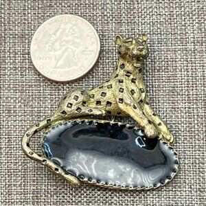 Vintage Elle Leopard Brooch Black Blue Enamel Elegant Retro Glam Exotic